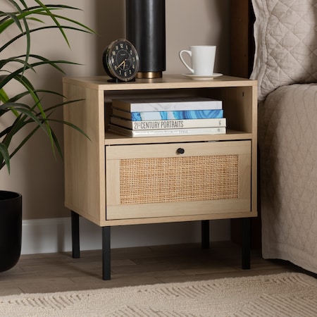 Baxton Studio Caterina MidCentury Transitional Natural Brown Finished Wood and Natural Rattan 1Door Nightstand 220-12861-ZORO